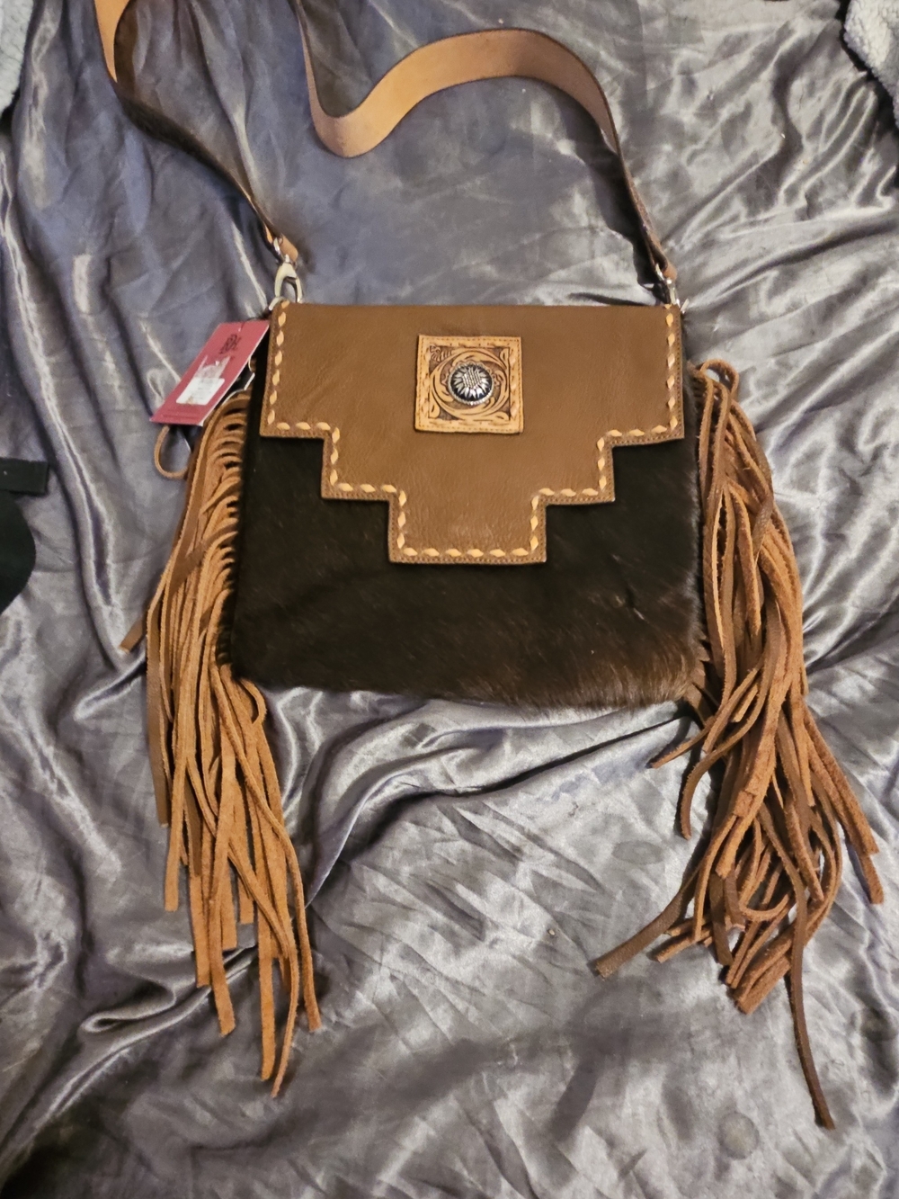 Brown Fringe Haircalf Crossbody Bag with Decorative Concho